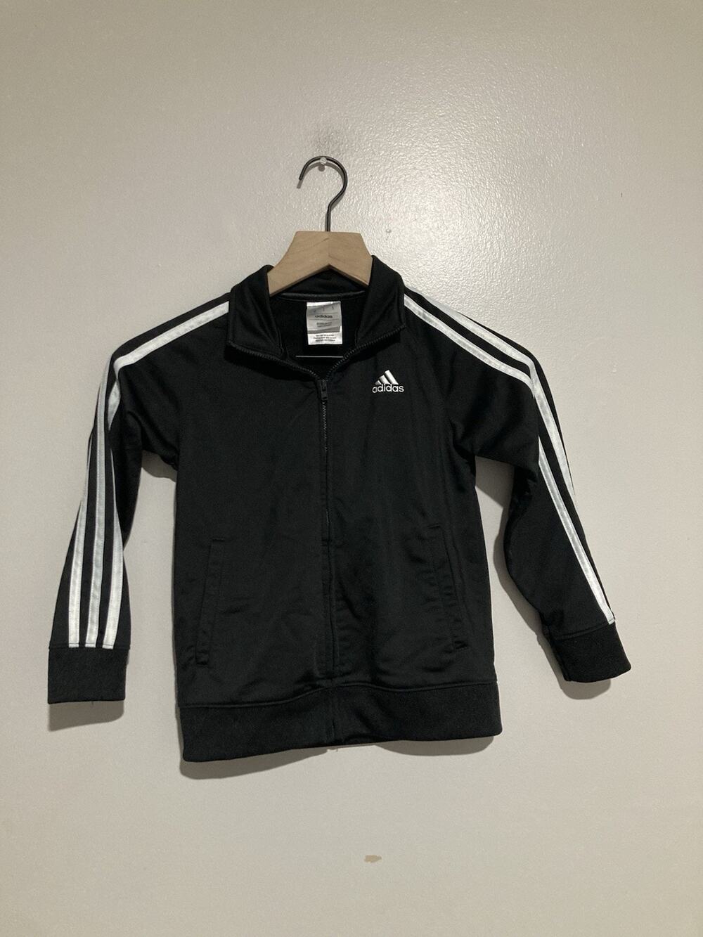 Adidas Track Jacket Youth Kids Boys Size 6 Black 3 Stripe Full Zip Long Sleeve